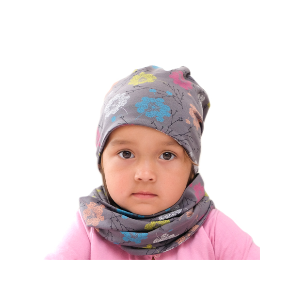 Пеленкино Комплект детский: шарф-снуд и шапка-бини Цветы на сером (р-р 48-50)