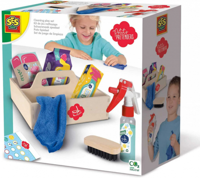 Набор детский игровой Petits Pretenders "Уборка дома", деревянный ящик, принадлежности для уборки, 3 года+, SES Creative